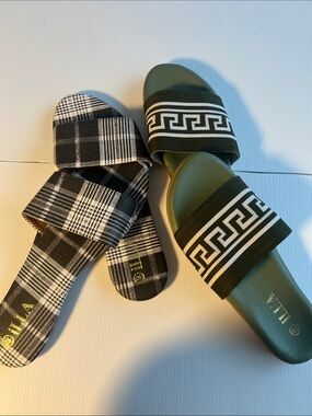 Two pairs Black & White Plaid Slide Sandals
